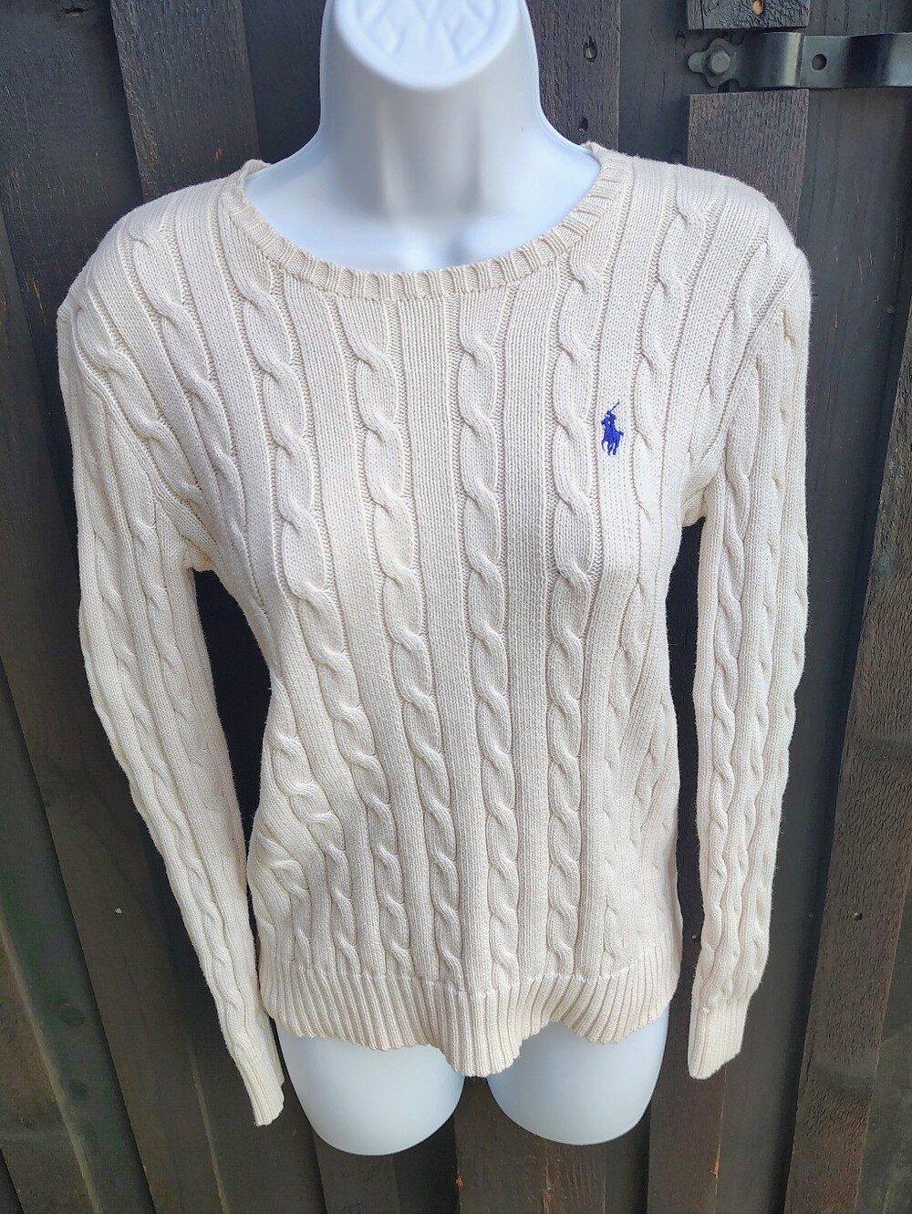 Ralph Lauren Cream Cable-Knit Crew Sweater with Blue Polo Logo